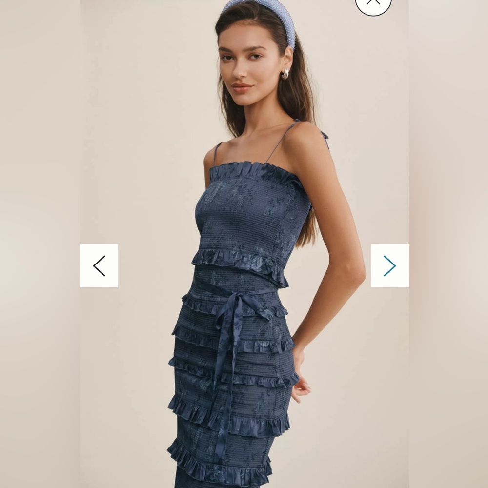 V. CHAPMAN LILY RUCHED & RUFFLED STRETCH SATIN MIDI DRESS
